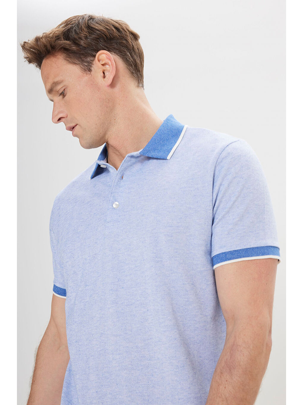 Erkek Mavi Slim Fit Dar Kesim Pamuklu Jakarlı Polo Yaka Tişört-2