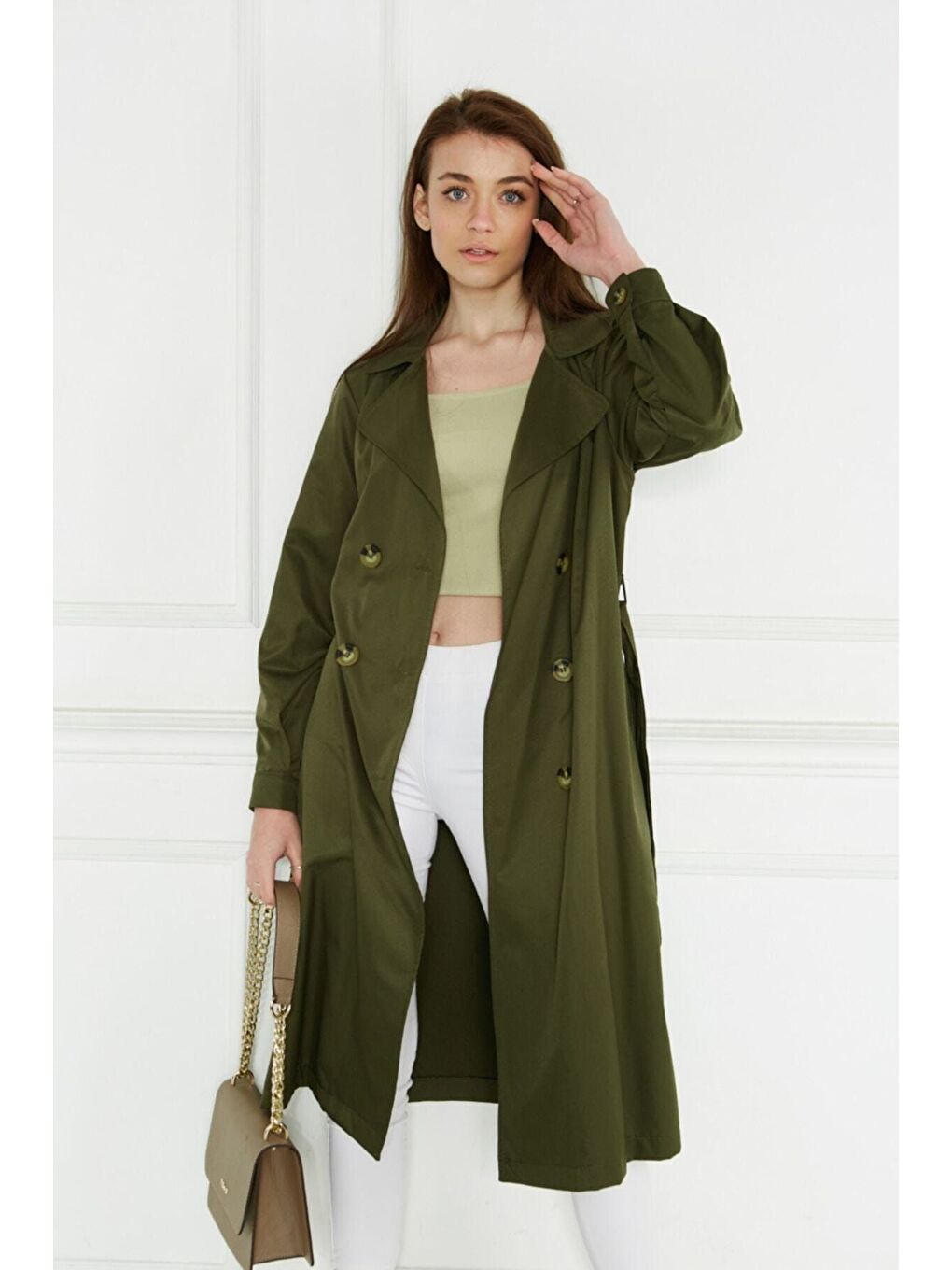 Haki Astarsız Cepli Düğmeli Kuşaklı Yazlık Trenç-2