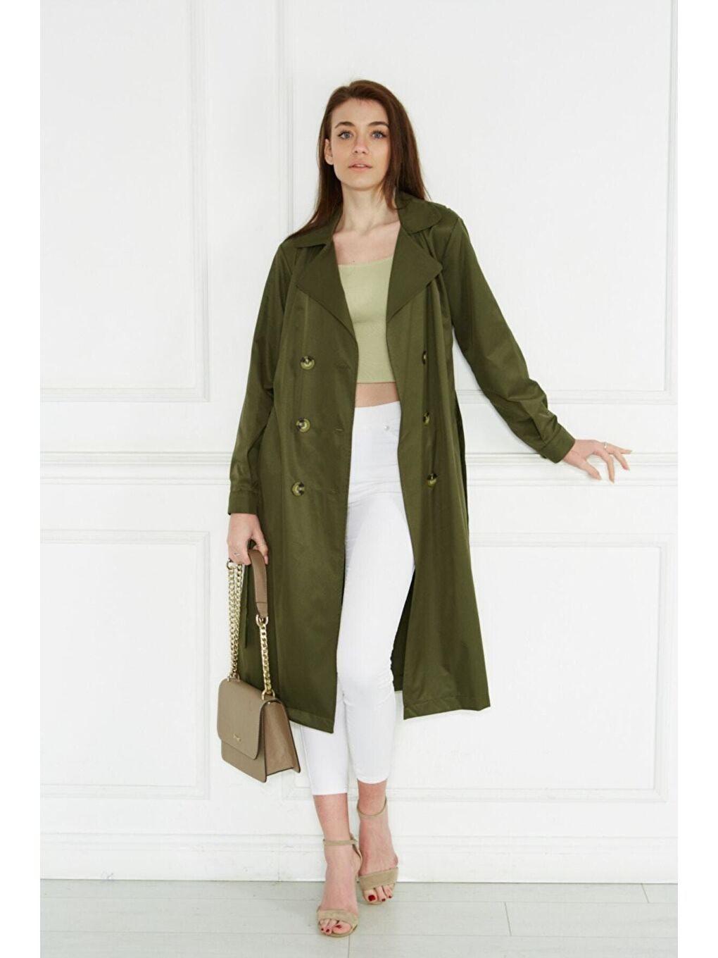 Haki Astarsız Cepli Düğmeli Kuşaklı Yazlık Trenç-3