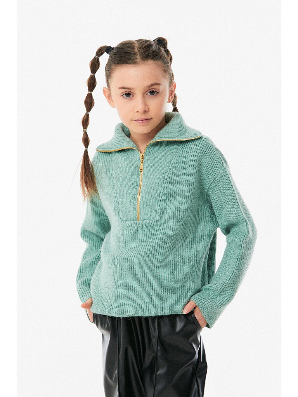 Turkuaz Yarım Fermuarlı Dik Yaka Kız Çocuk Triko Kazak-4