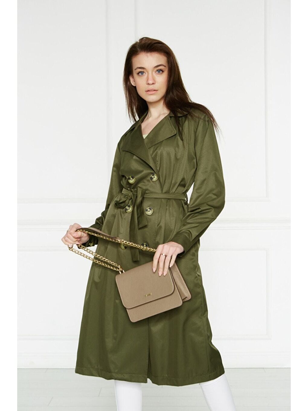 Haki Astarsız Cepli Düğmeli Kuşaklı Yazlık Trenç-4