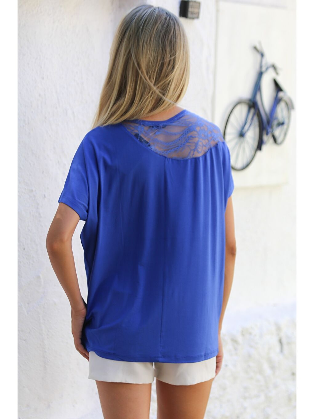 Mavi Yuvarlak Yaka Kısa Kol Dantelli Örme Casual Bluz-5