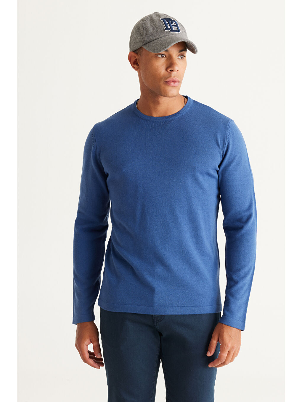 Erkek İndigo Standart Fit Normal Kesim Bisiklet Yaka Triko Kazak