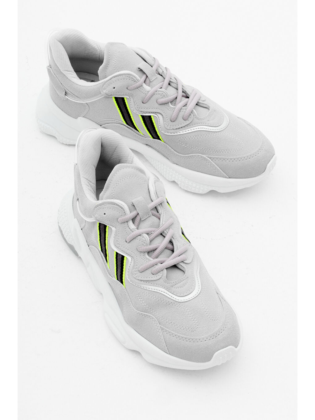 Unisex Gri Rahat Kalıp Yüksek Taban Şeritli Bağcıklı Spor Ayakkabı-2