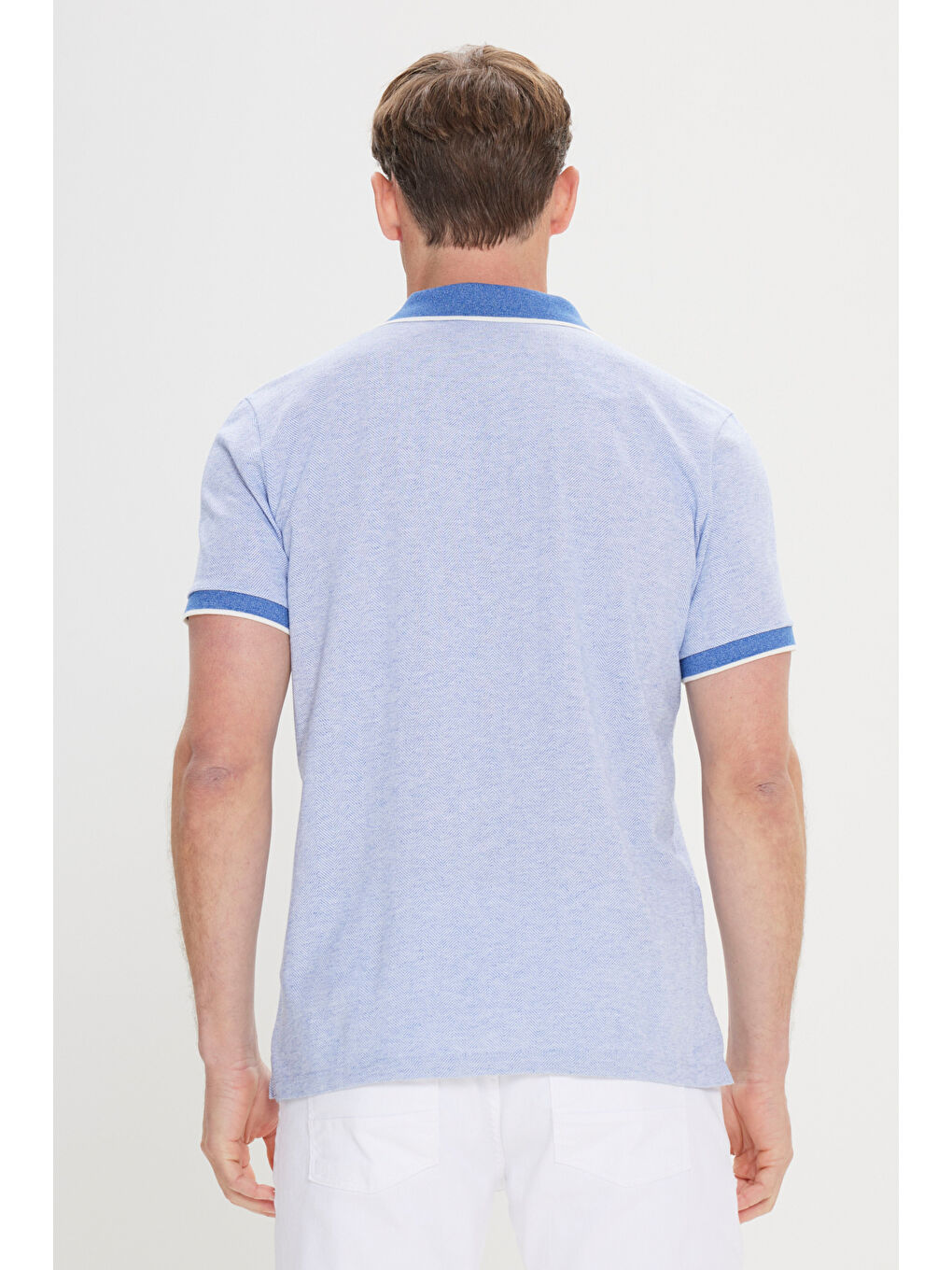 Erkek Mavi Slim Fit Dar Kesim Pamuklu Jakarlı Polo Yaka Tişört-3