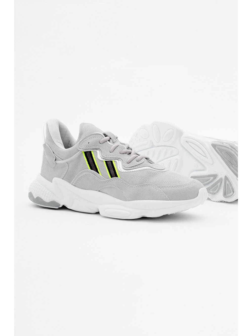 Unisex Gri Rahat Kalıp Yüksek Taban Şeritli Bağcıklı Spor Ayakkabı-3