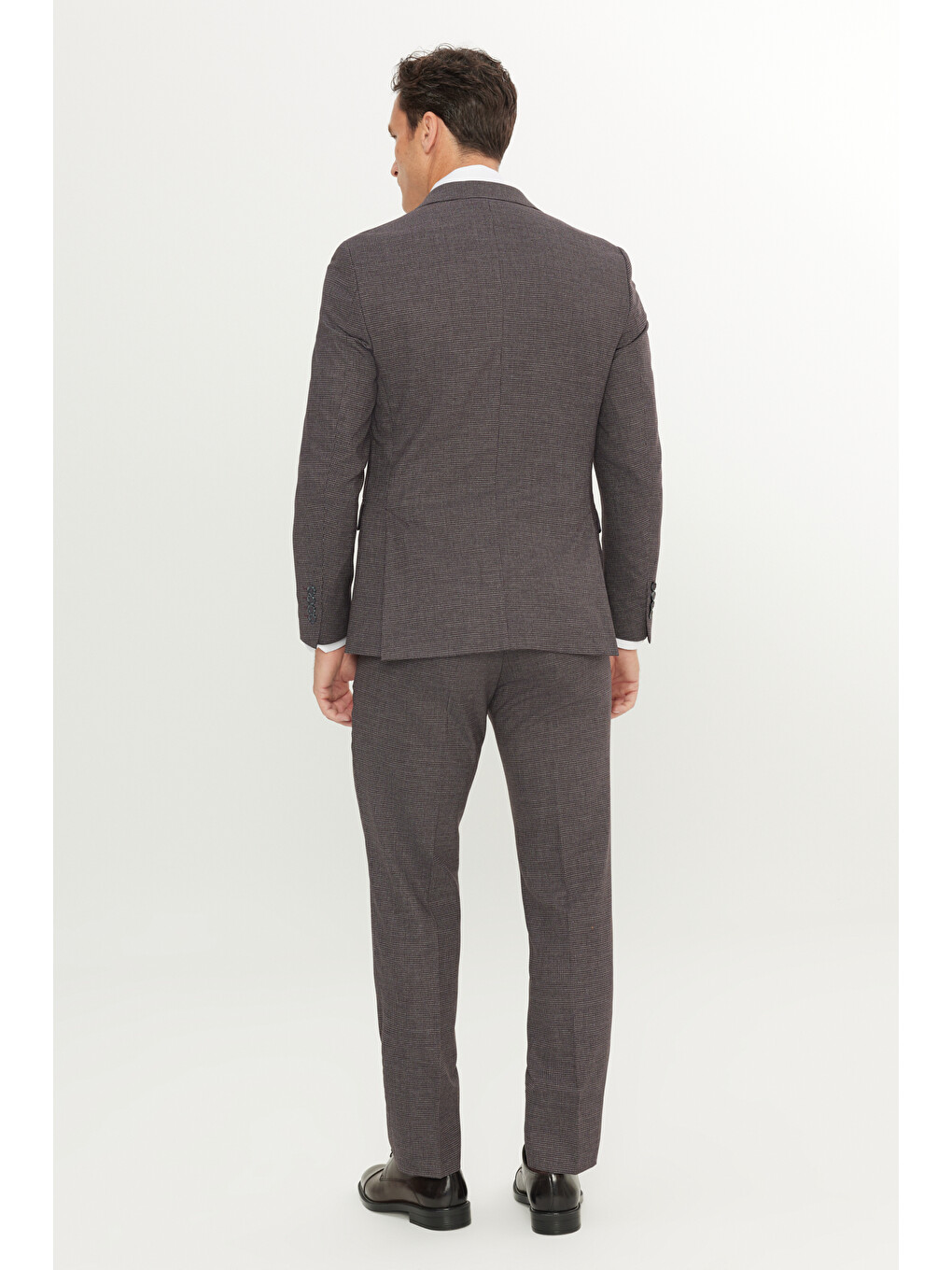 Erkek Bordo-Gri Yünlü Ekstra Slim Fit Dar Kesim Mono Yaka Kaz Ayağı Desenli Takım Elbise-7