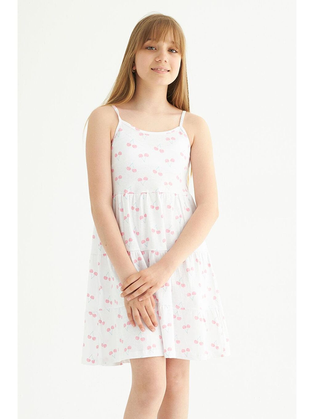 Askılı Kiraz Desenli - Beyaz Renk Kız Çocuk Elbise
