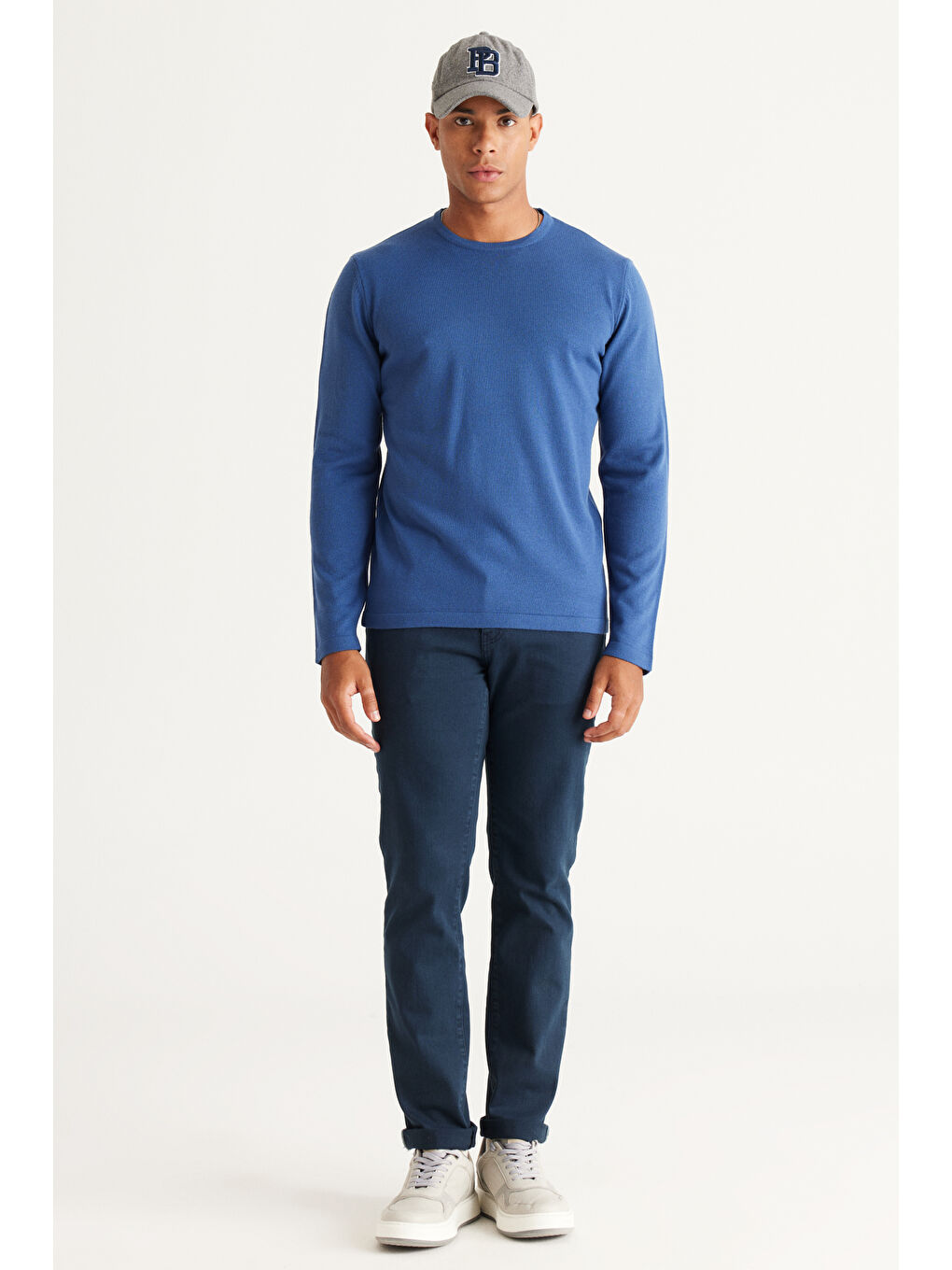 Erkek İndigo Standart Fit Normal Kesim Bisiklet Yaka Triko Kazak-3