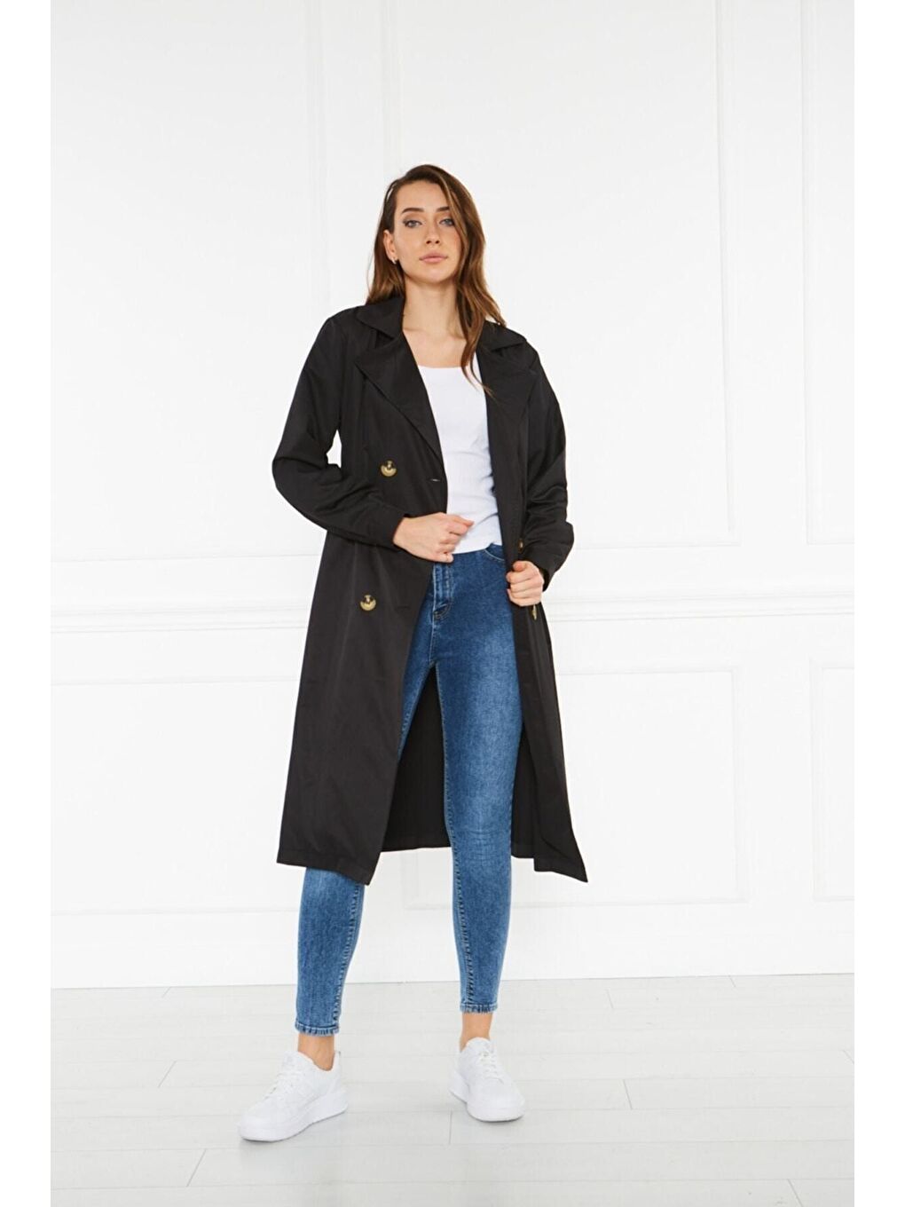 Siyah Astarsız Cepli Düğmeli Kuşaklı Yazlık Trenç-1