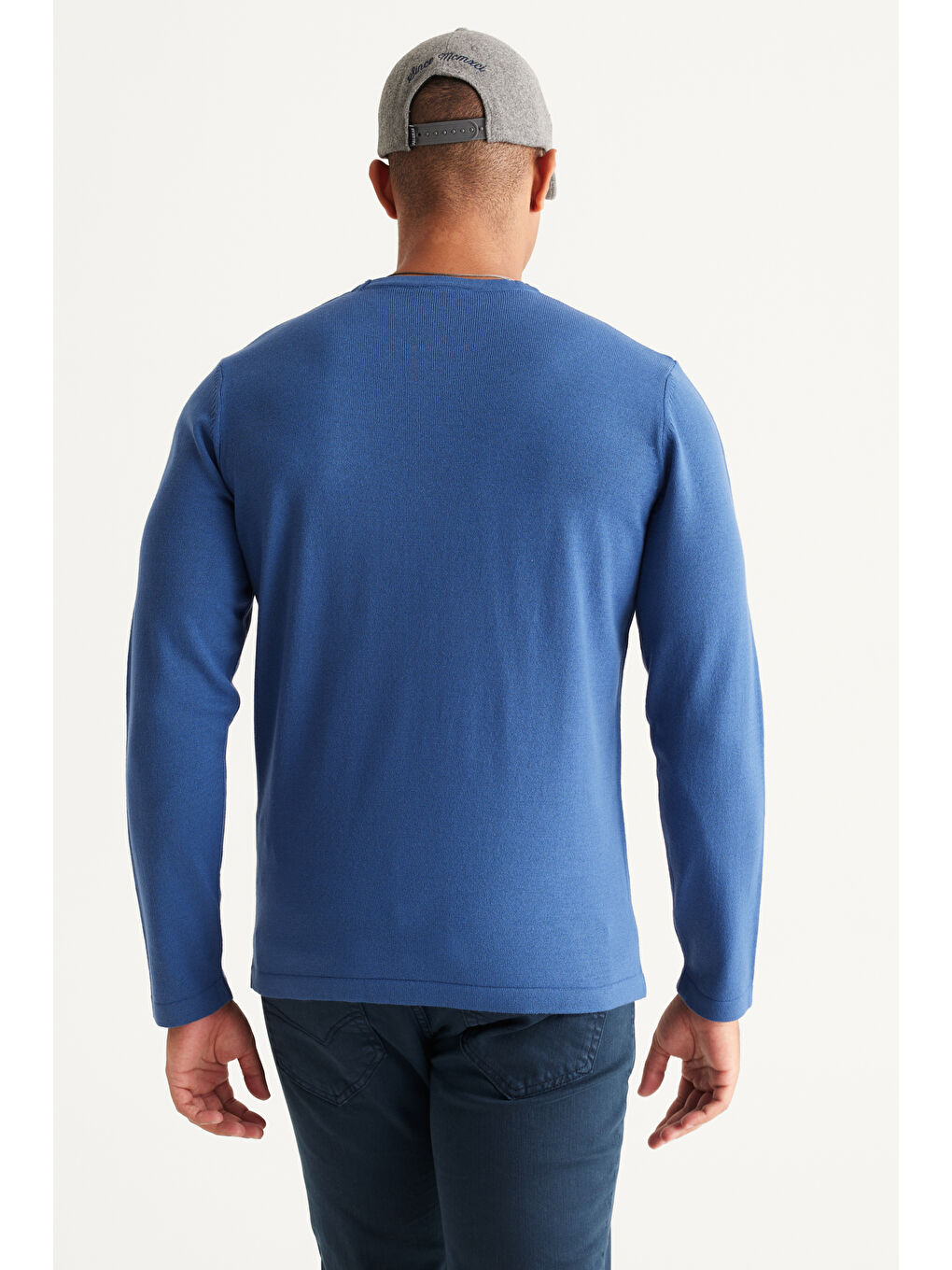 Erkek İndigo Standart Fit Normal Kesim Bisiklet Yaka Triko Kazak-4