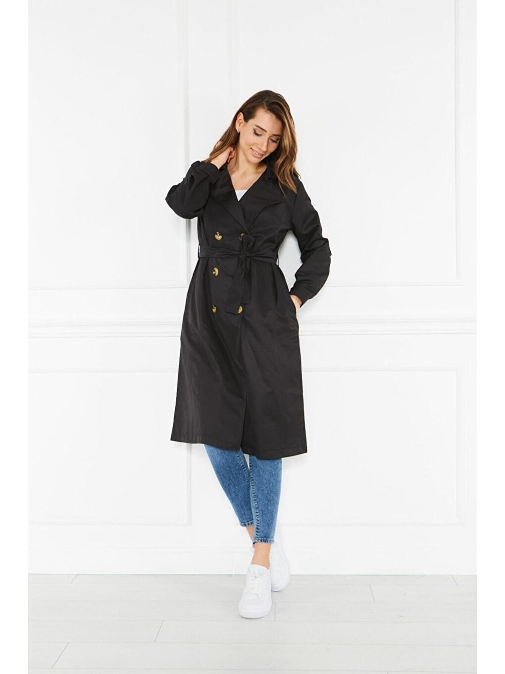 Siyah Astarsız Cepli Düğmeli Kuşaklı Yazlık Trenç-2