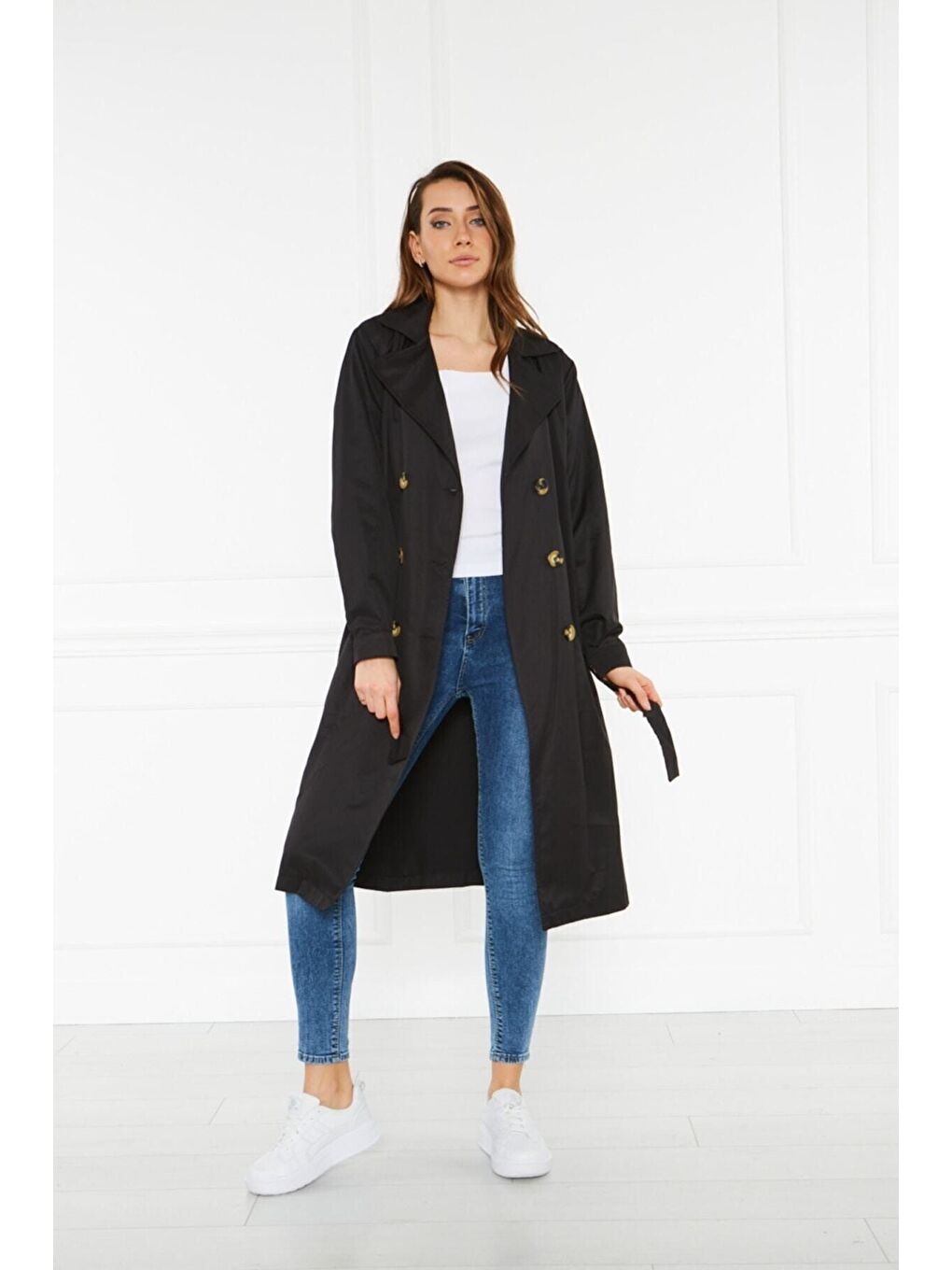 Siyah Astarsız Cepli Düğmeli Kuşaklı Yazlık Trenç-3