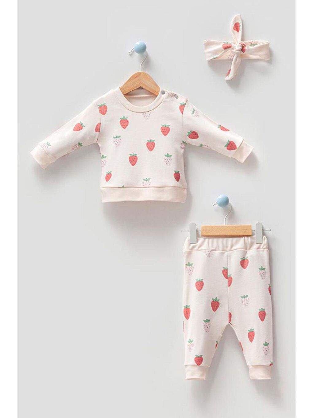 Kırmızı Organik Kumaş Desenli 2'li Unisex Bebek Takım-1