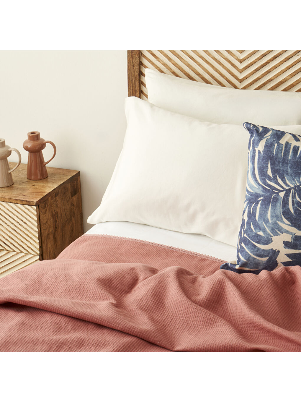 Pembe Feel %100 Pamuk Çift Kişilik Waffle Pike Gül Kurusu (200x220 cm)-2