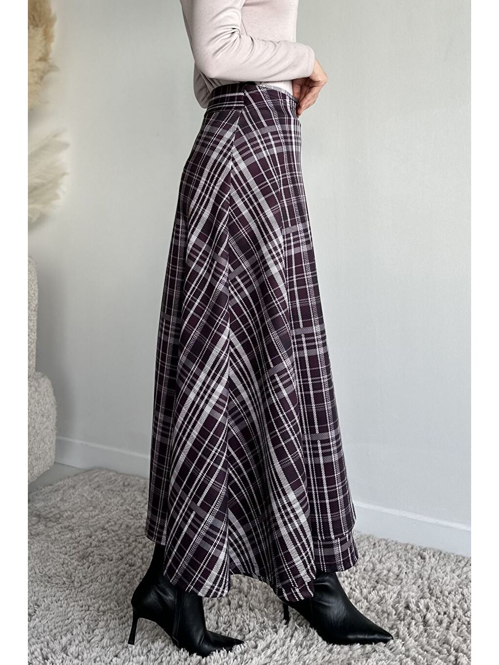 Mürdüm Ekose Desenli Bel Bağlamalı Kiloş Scuba Tesettür Etek-5