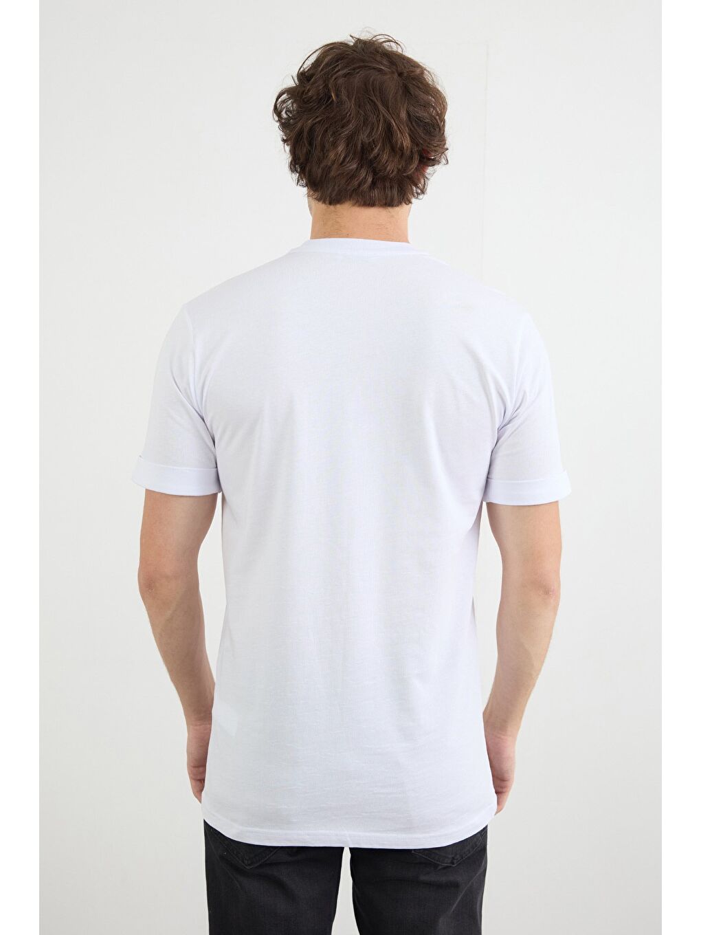 Beyaz Astronot Baskılı Bisiklet Yaka Tişört-3