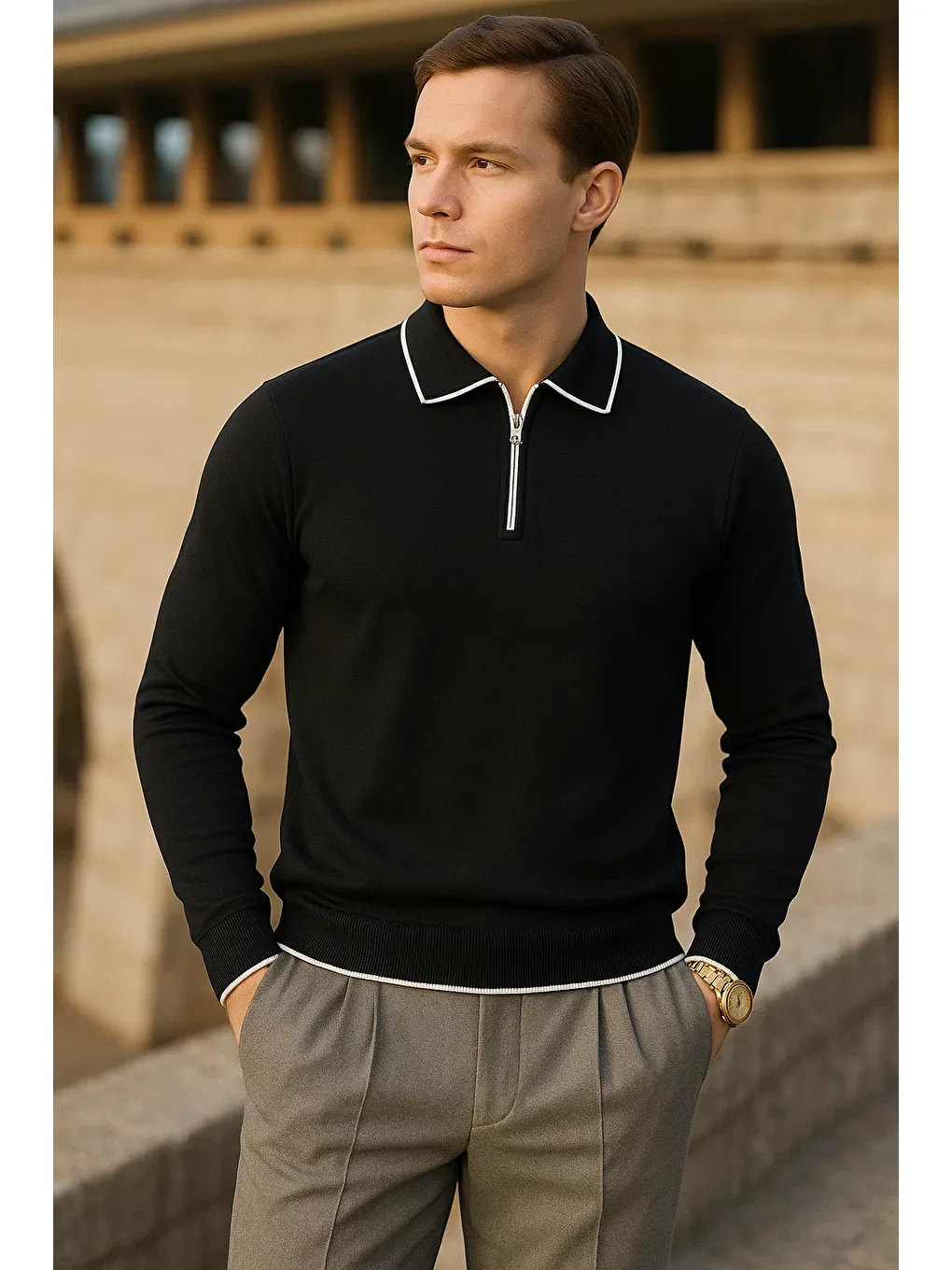 Erkek Çizgili Trend Uzun Kollu Siyah Polo Yaka Kazak