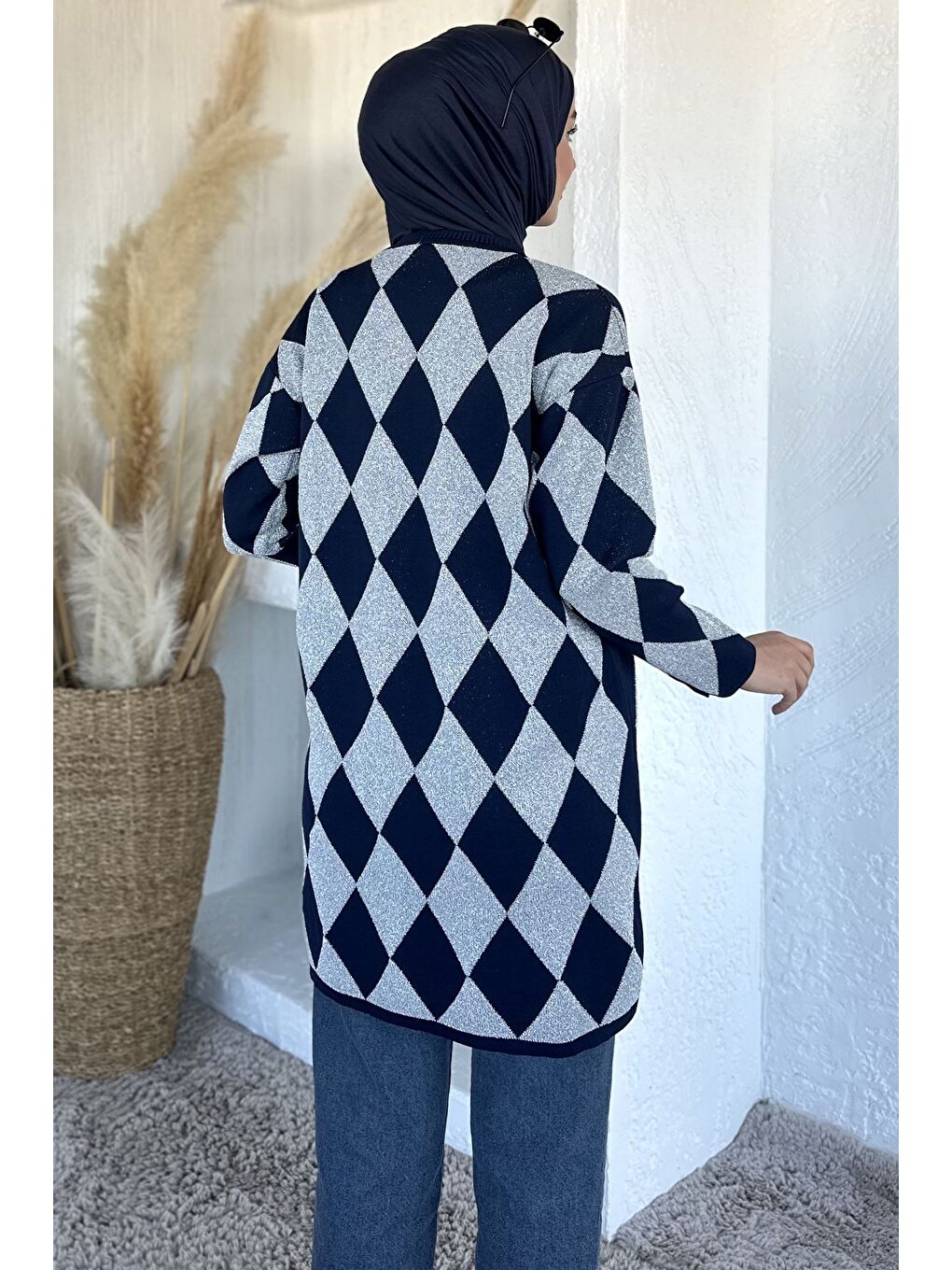 Lacivert Desenli Simli Tesettür Triko Tunik-5