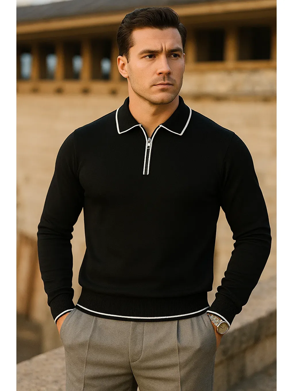 Erkek Çizgili Trend Uzun Kollu Siyah Polo Yaka Kazak-1