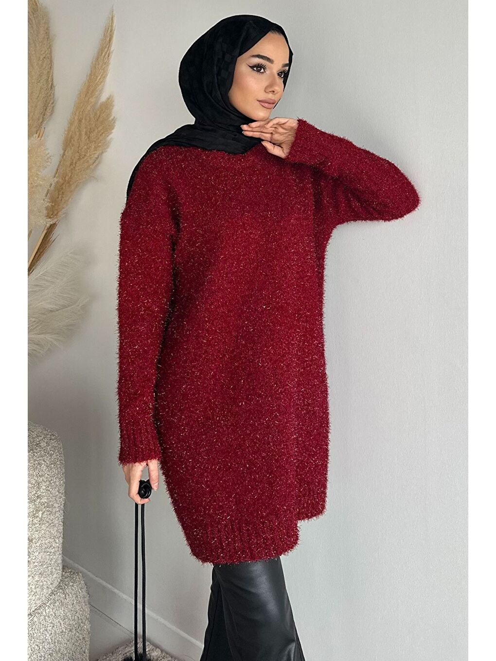 Bordo Gülseli Simli Tesettür Triko Tunik-2