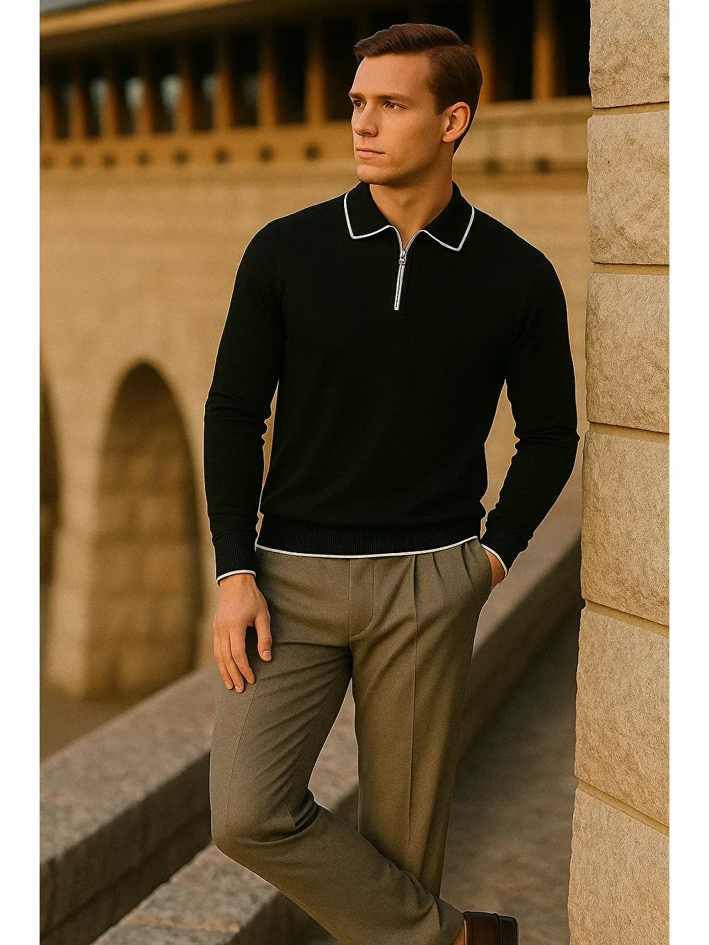 Erkek Çizgili Trend Uzun Kollu Siyah Polo Yaka Kazak-2