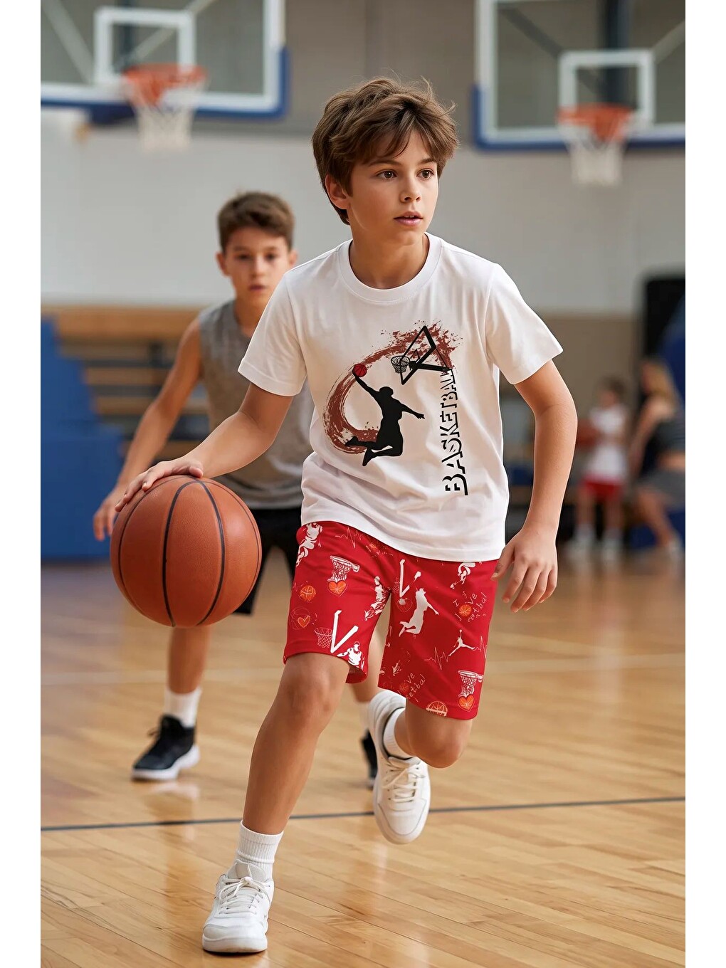 Erkek Çocuk Basketbol Baskılı Tişört Ve Şort 2’li Takım – Kırmızı Beyaz-1