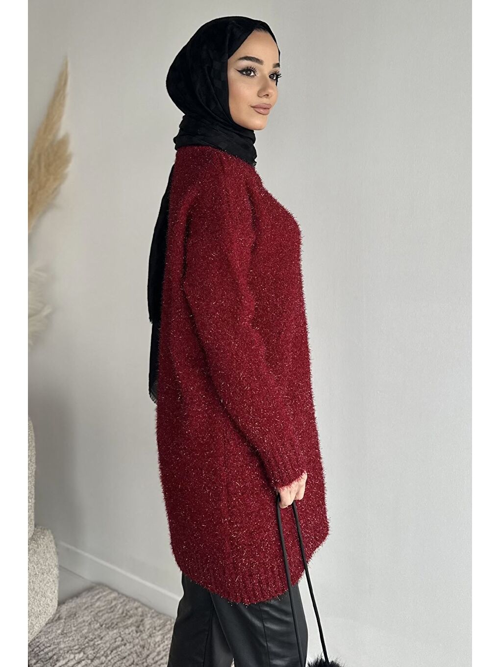 Bordo Gülseli Simli Tesettür Triko Tunik-5