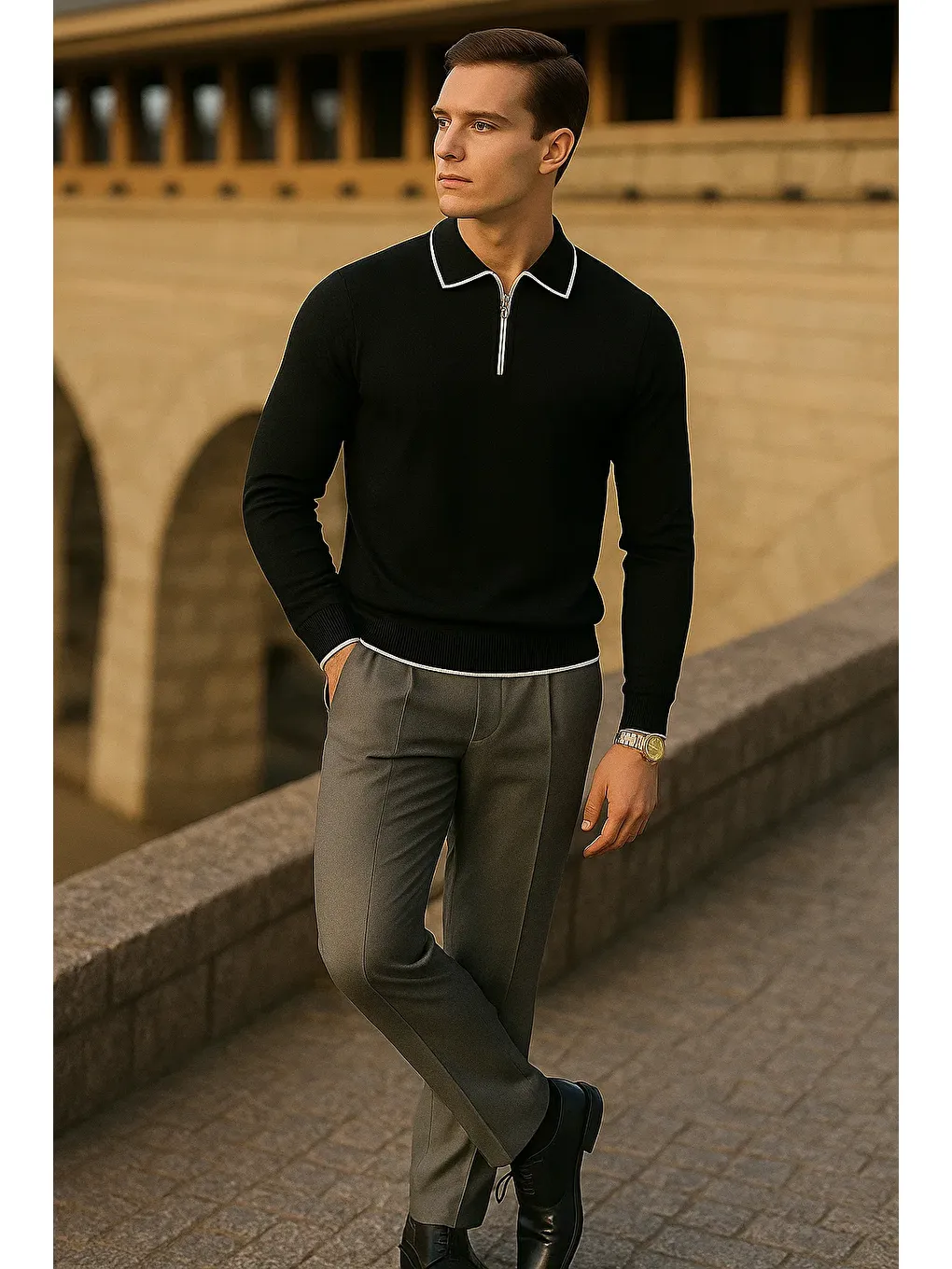 Erkek Çizgili Trend Uzun Kollu Siyah Polo Yaka Kazak-3