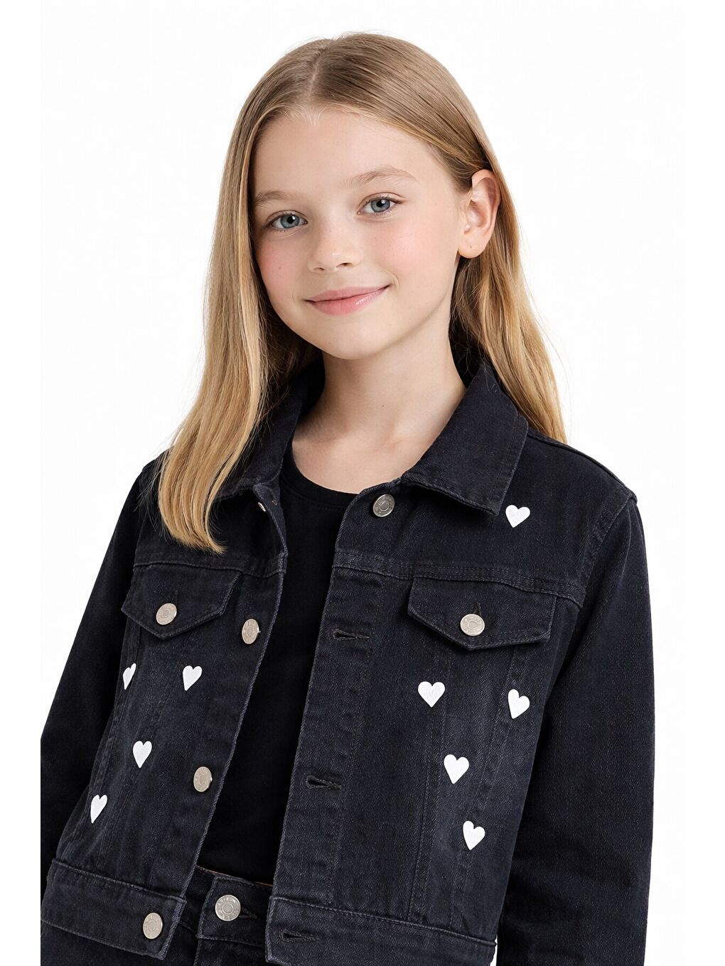 Siyah Kalp Desenli Düğmeli Ceketli Pantolonlu Kız Çocuk Jean Takım 23476-1