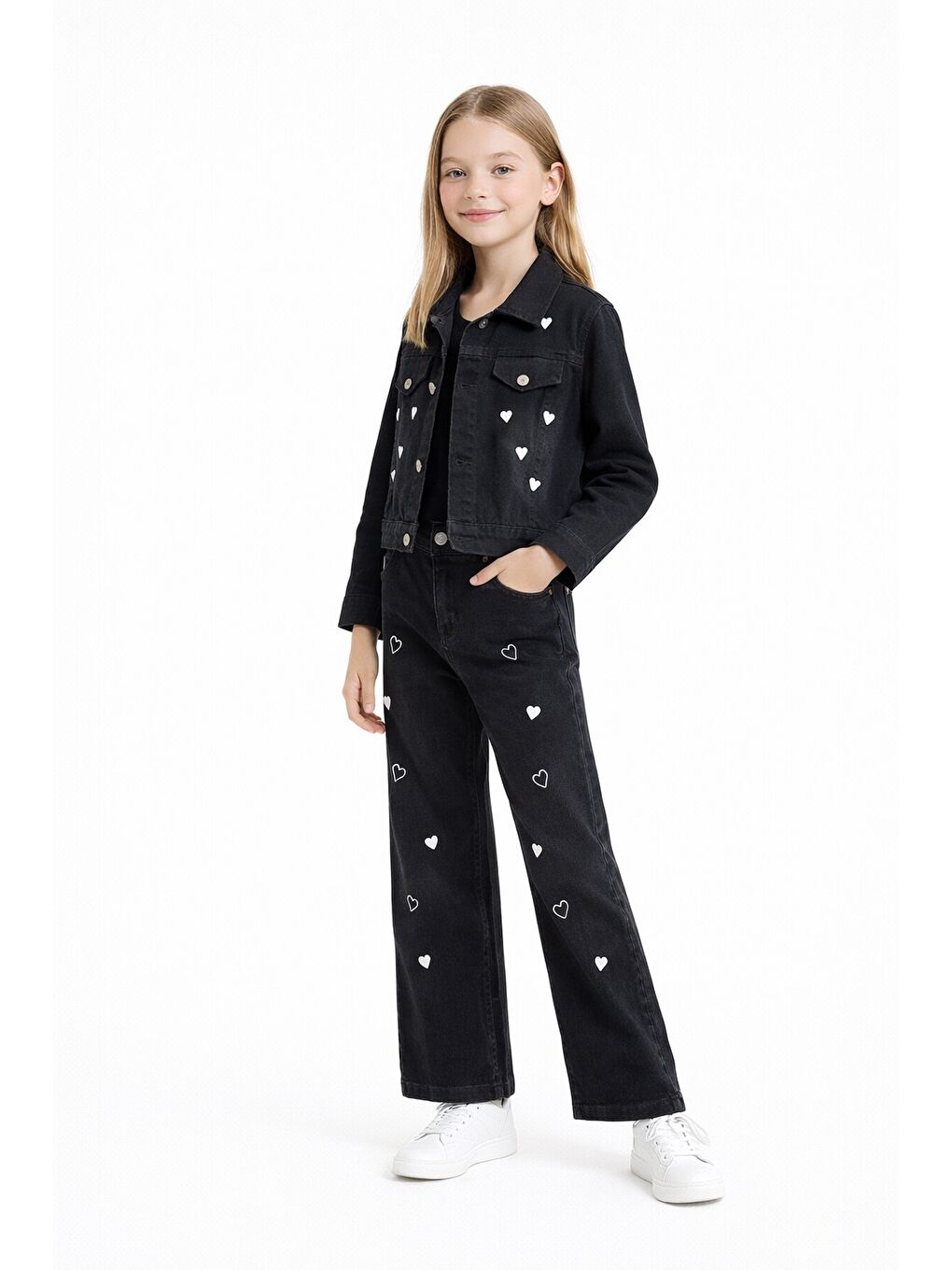 Siyah Kalp Desenli Düğmeli Ceketli Pantolonlu Kız Çocuk Jean Takım 23476-2