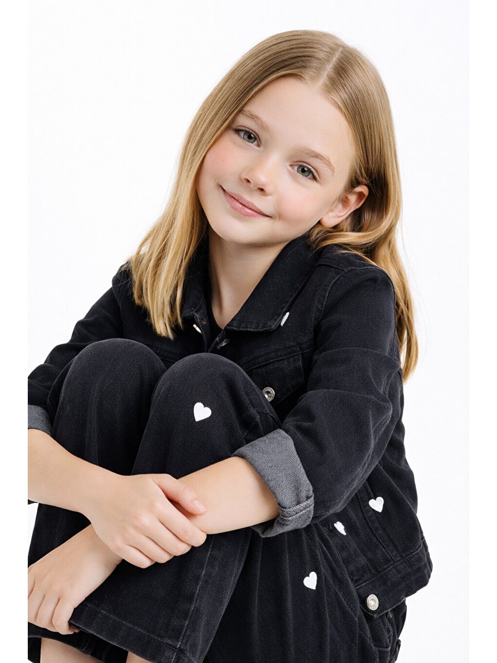 Siyah Kalp Desenli Düğmeli Ceketli Pantolonlu Kız Çocuk Jean Takım 23476-4