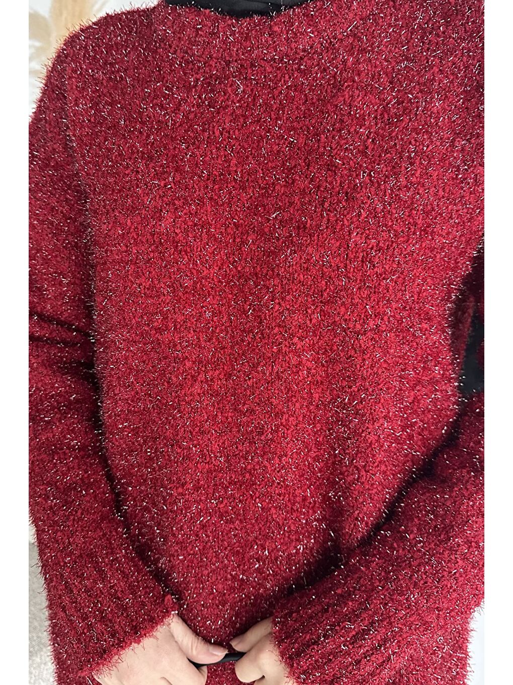 Bordo Gülseli Simli Tesettür Triko Tunik-7