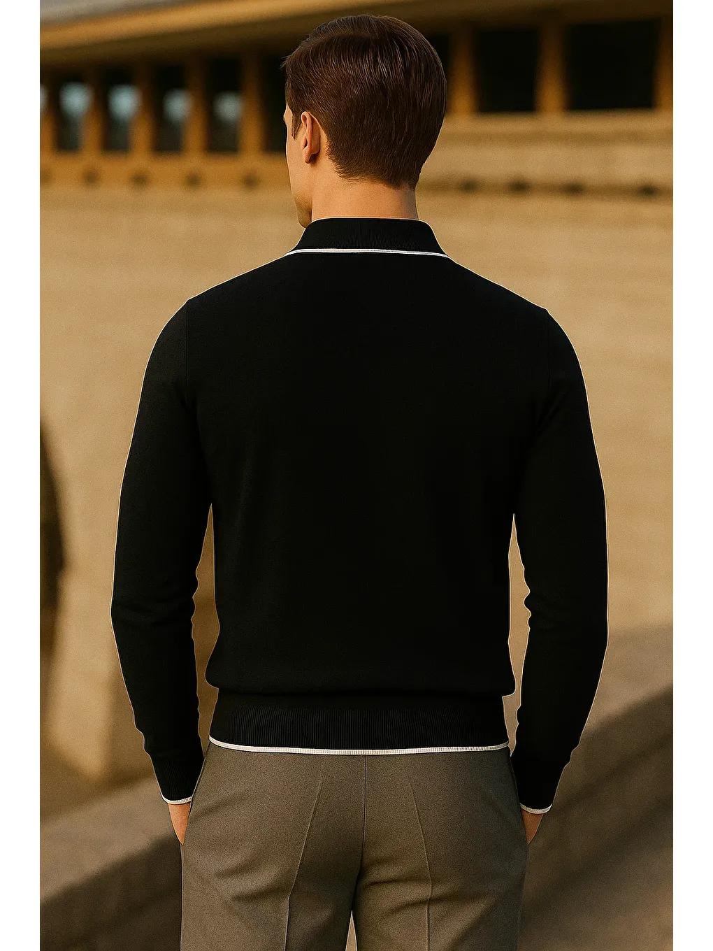 Erkek Çizgili Trend Uzun Kollu Siyah Polo Yaka Kazak-4