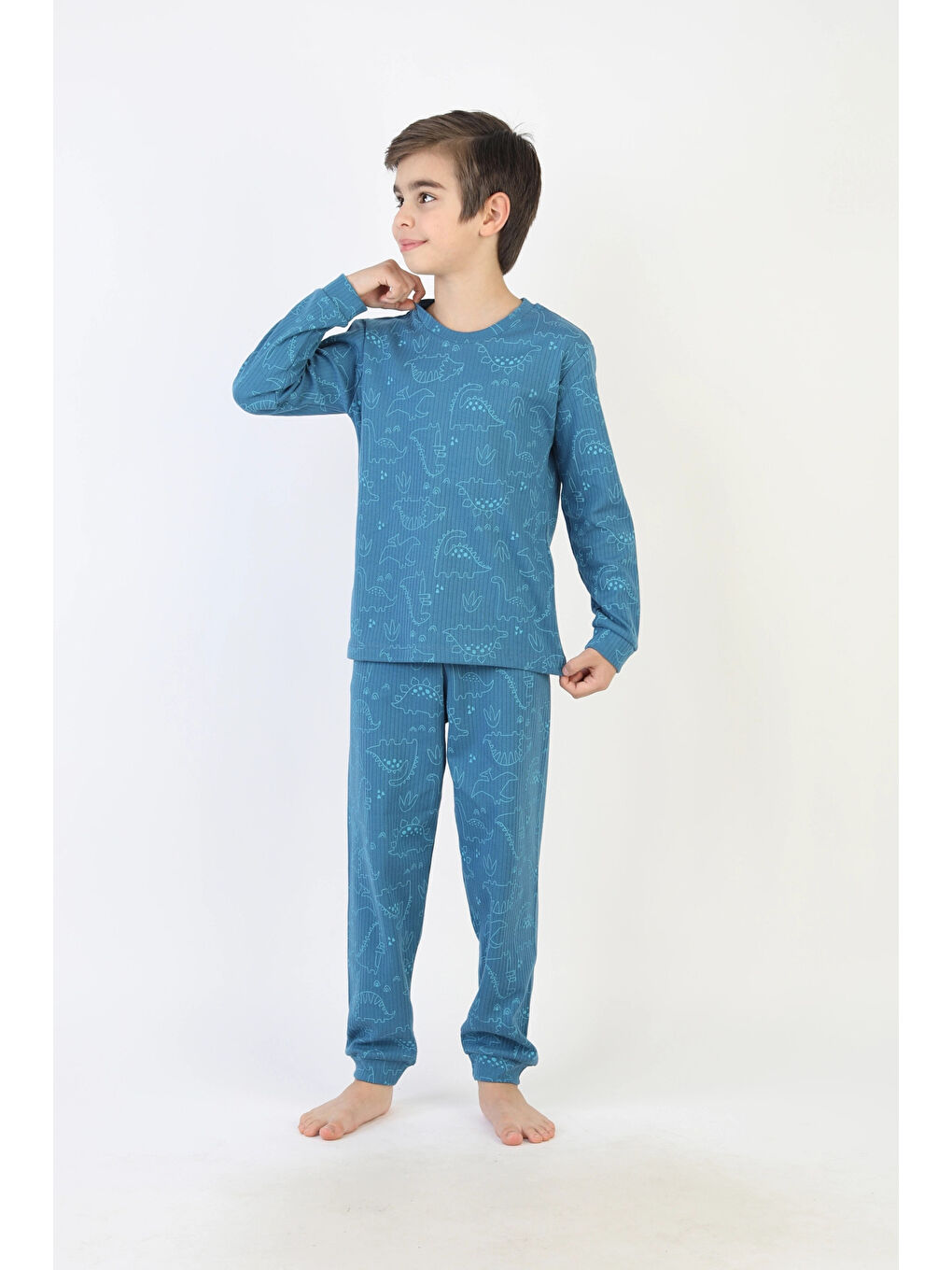 Mavi Dinozor Desenli Erkek Çocuk Pijama Takımı 51527-3