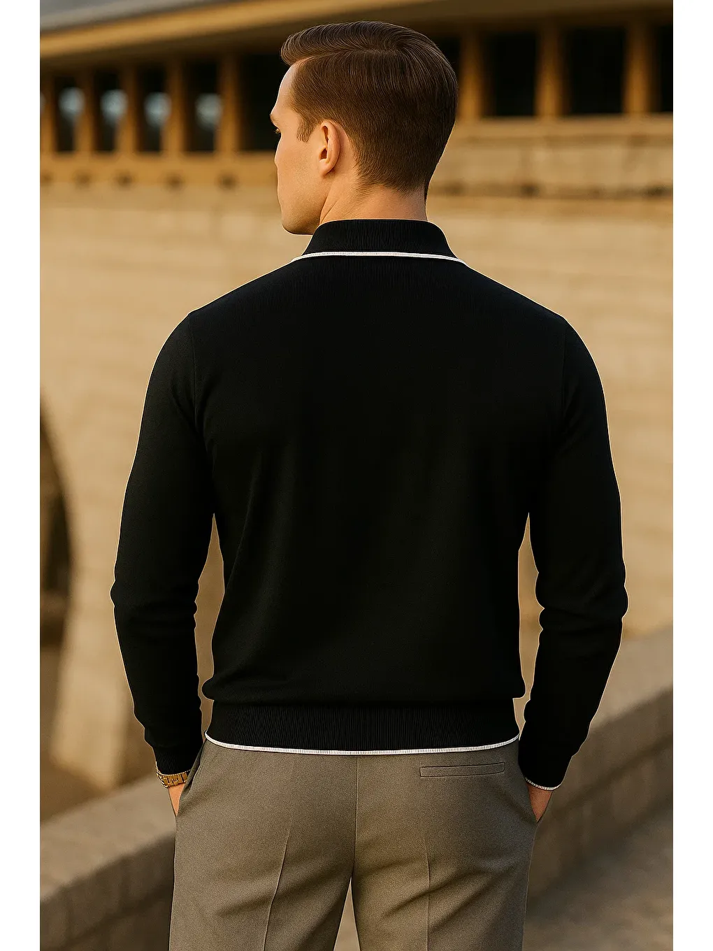 Erkek Çizgili Trend Uzun Kollu Siyah Polo Yaka Kazak-5