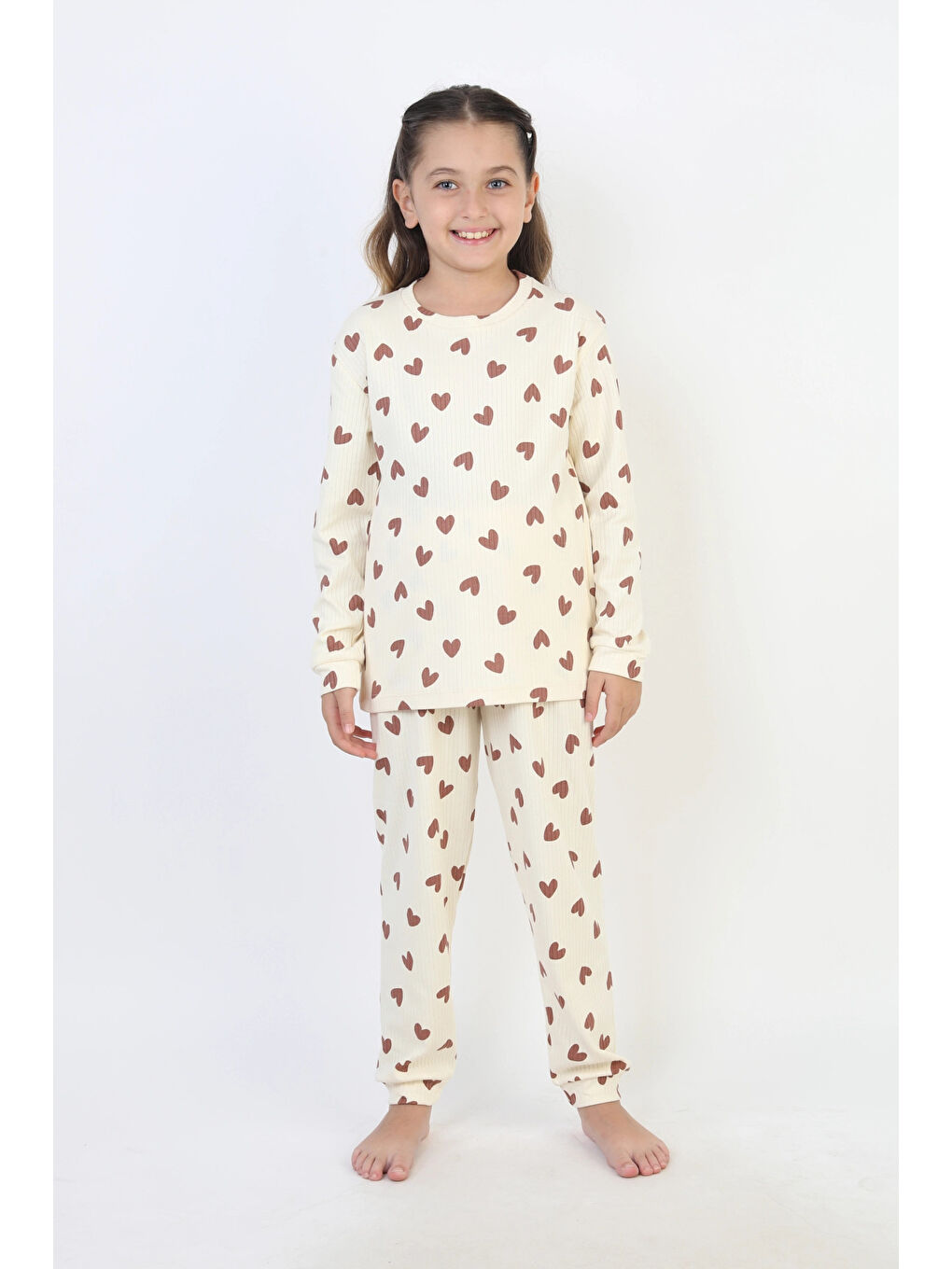 Kahverengi Desenli Kız Çocuk Pijama Takımı 51240-1