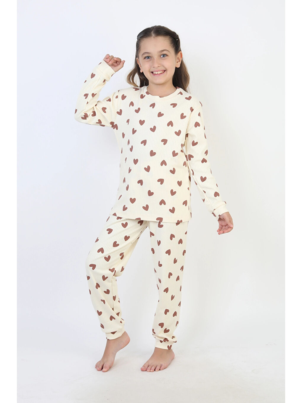 Kahverengi Desenli Kız Çocuk Pijama Takımı 51240-2