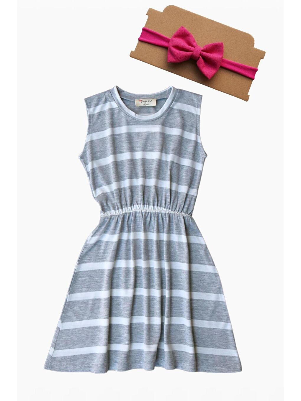Gri Beyaz Çizgili Elbise Fuşya Bandana Takım-1