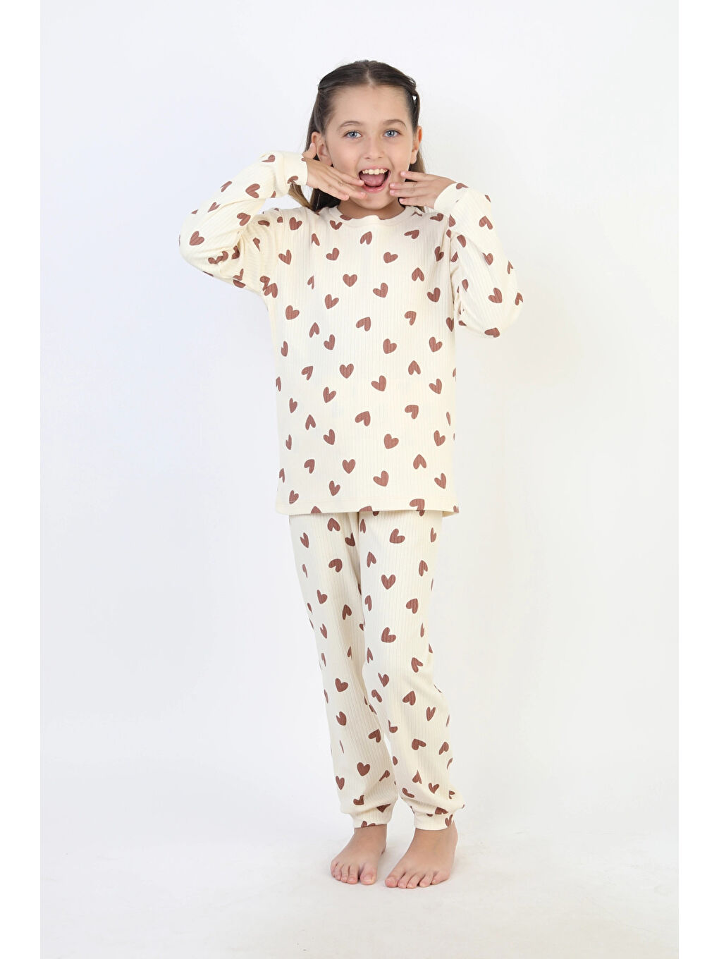 Kahverengi Desenli Kız Çocuk Pijama Takımı 51240-3