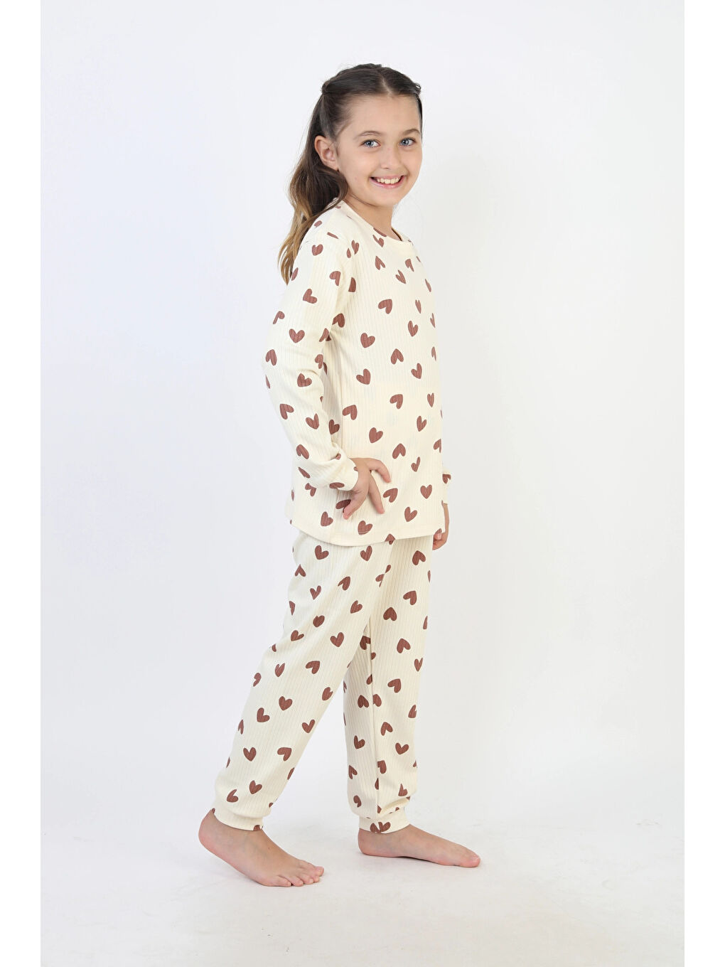 Kahverengi Desenli Kız Çocuk Pijama Takımı 51240-4
