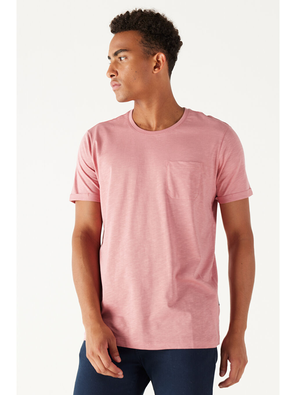 Pembe Erkek Gül Kurusu Dar Kesim %100 Pamuk Bisiklet Yaka Cepli Tişört-2