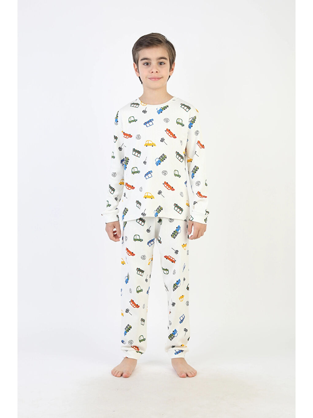 Ekru Araba Desenli Erkek Çocuk Pijama Takımı 51340-1
