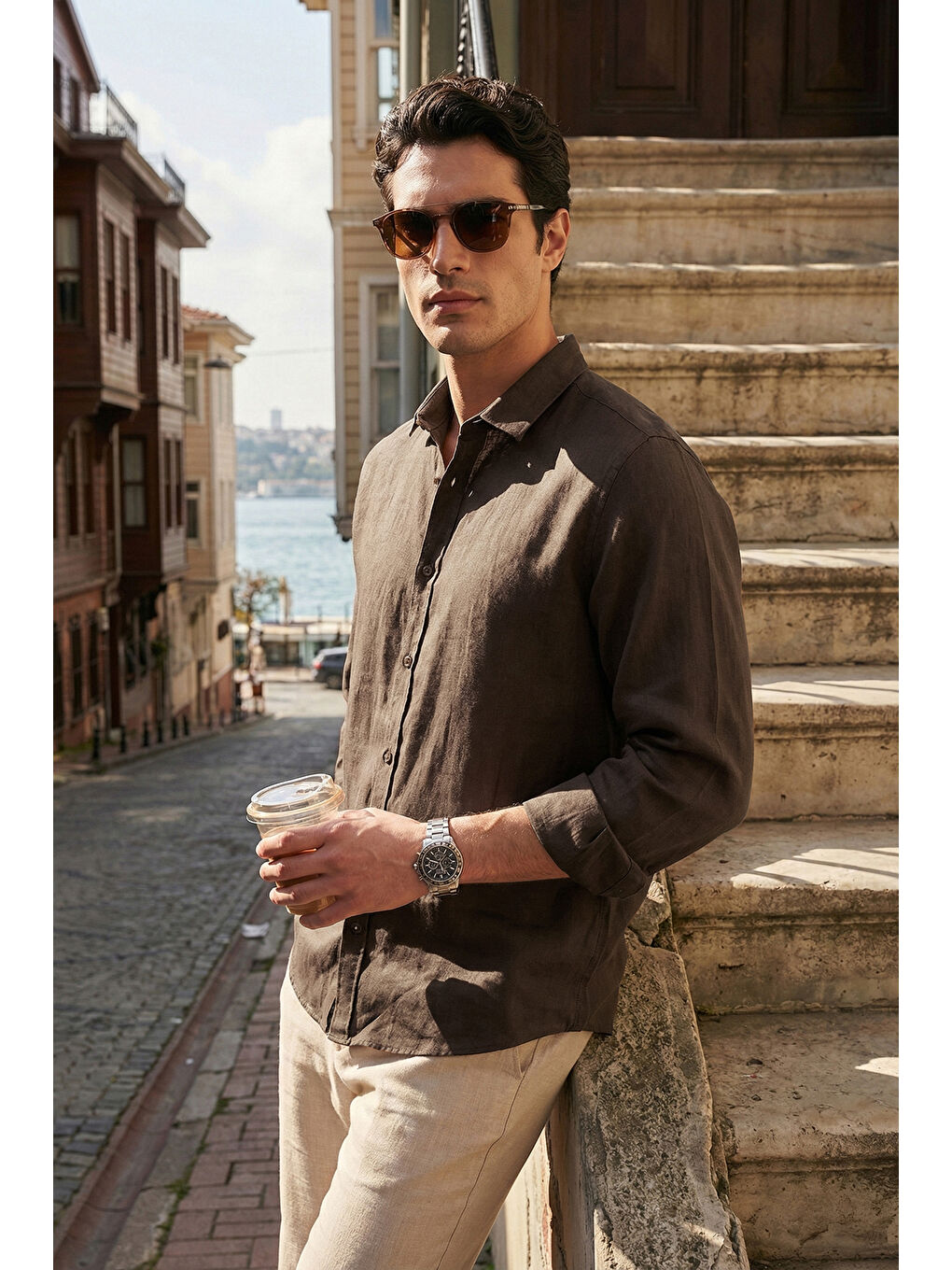 Kahverengi Pamuklu Regular Fit Klasik Yaka Uzun Kollu % 100 Keten Gömlek CF26S1210000
