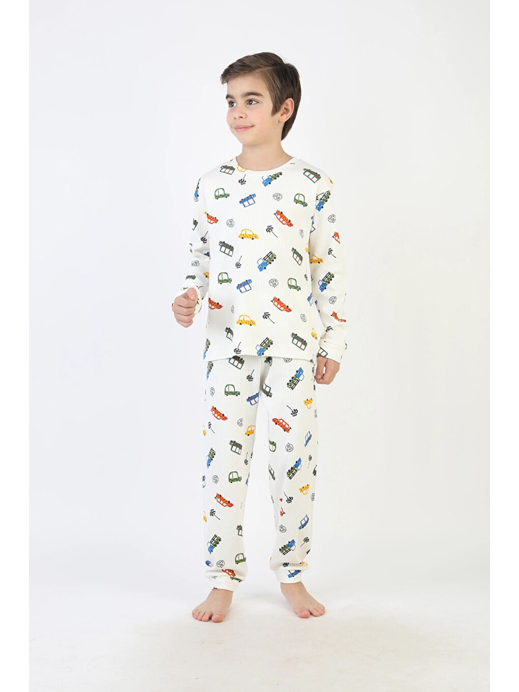 Ekru Araba Desenli Erkek Çocuk Pijama Takımı 51340-2