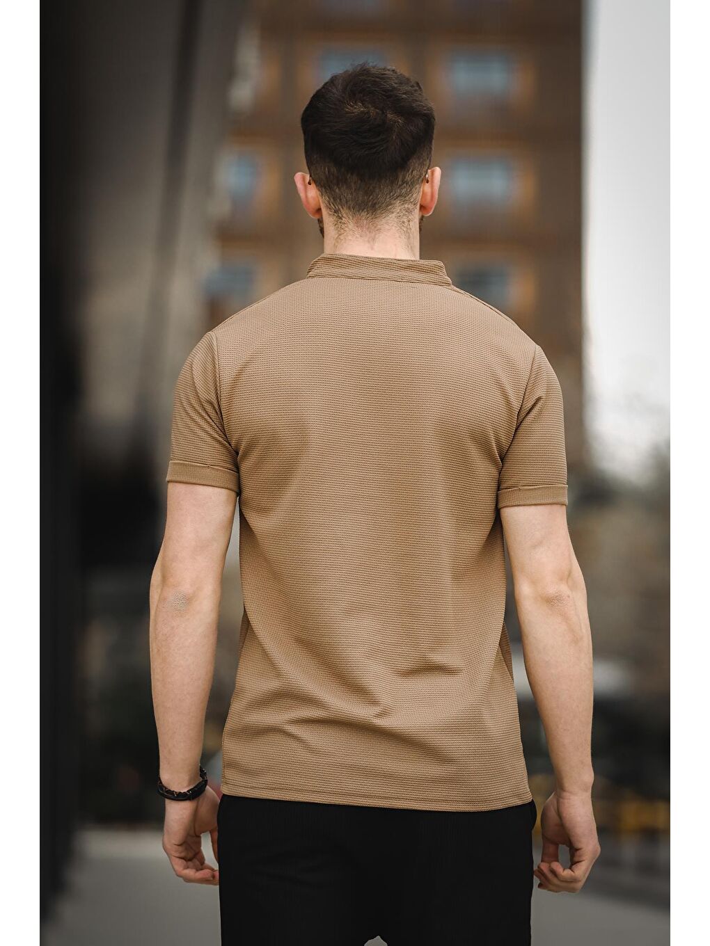 Kahverengi Dennie Tek Cep Waffle Kumaş Slim Kısa Kol Hakim Yaka Erkek Gömlek-2