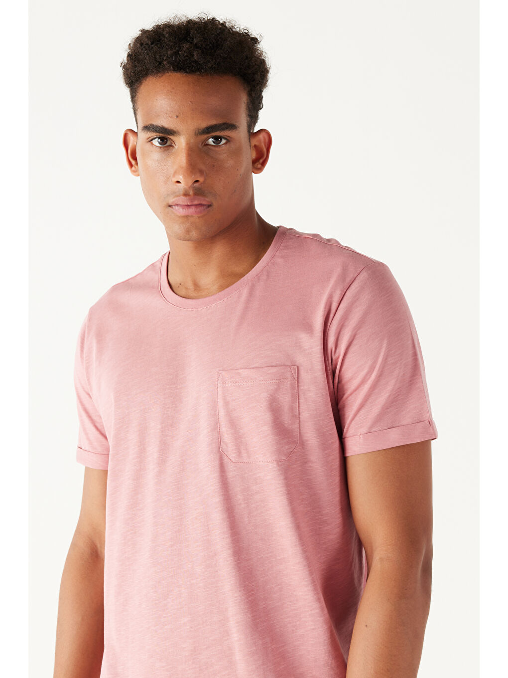 Pembe Erkek Gül Kurusu Dar Kesim %100 Pamuk Bisiklet Yaka Cepli Tişört-3