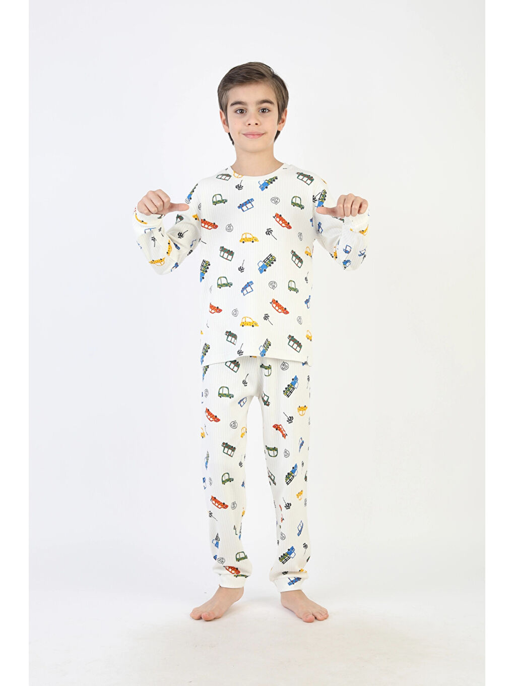 Ekru Araba Desenli Erkek Çocuk Pijama Takımı 51340-4