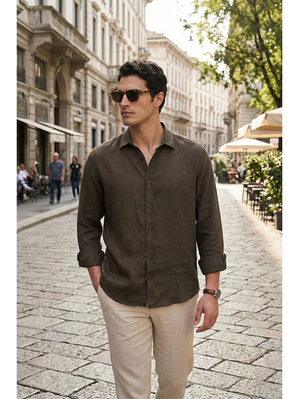 Kahverengi Pamuklu Regular Fit Klasik Yaka Uzun Kollu % 100 Keten Gömlek CF26S1210000-1