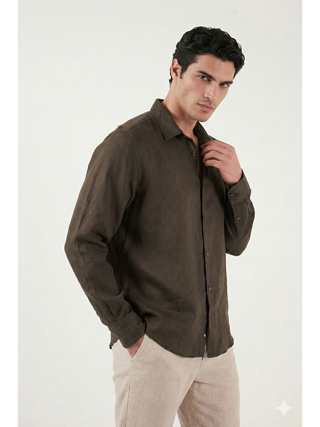 Kahverengi Pamuklu Regular Fit Klasik Yaka Uzun Kollu % 100 Keten Gömlek CF26S1210000-2